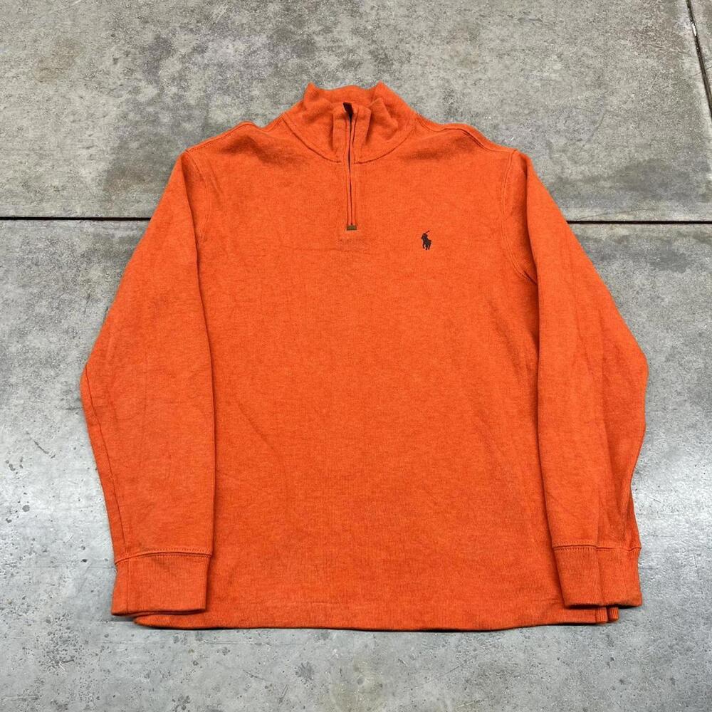 vintage polo ralph lauren orange and brown quarter zip sweater size medium